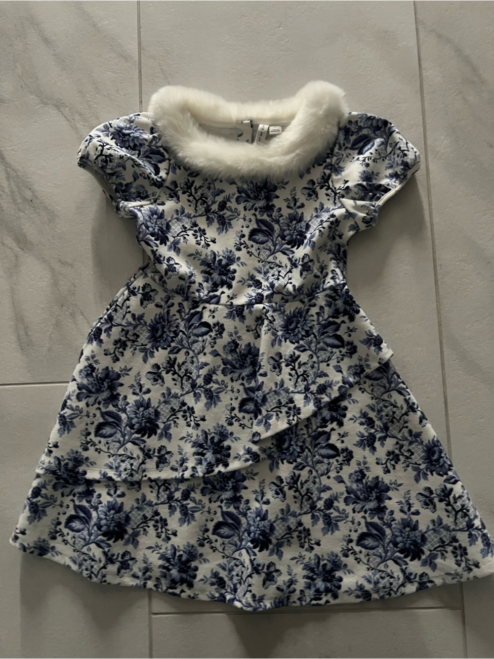 Janie and Jack Blue and White Floral Dress with Faux-Fur Collar